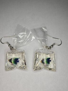 Clear Bag Fish Dangle Earrings - Blue/Green Fish Design